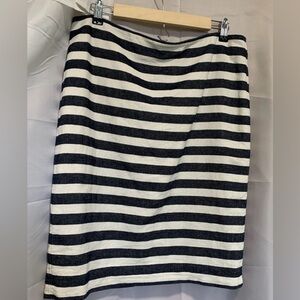 Ann Taylor Striped Pencil Skirt Cotton Linen Navy Blue Cream Zipper Slit Size 12